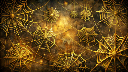Intricate golden spiderwebs and spooky cobwebs on a dark grunge background, ideal for Halloween decorations and haunted house visuals