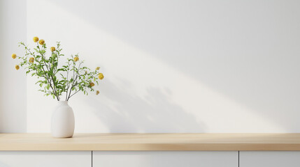Minimalist decor with a vase of yellow flowers on a shelf