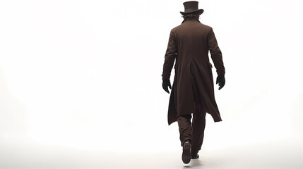 Mysterious Victorian man in overcoat and top hat walking away