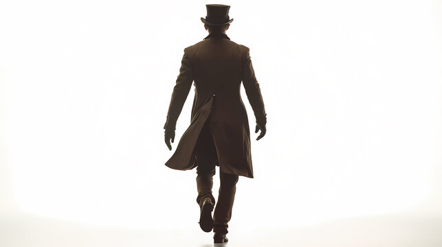 Mysterious Victorian man in overcoat and top hat walking away