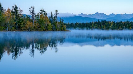 Fototapeta premium A serene, misty morning on a lake with trees and mountains in the background.
