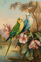 Fototapeta premium Parakeets on a branch, tropical background