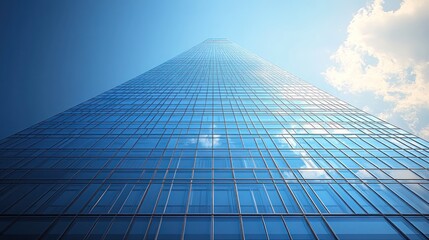 A tall glass skyscraper reaching towards a clear blue sky.