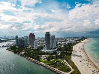 Aerial view of Miami Beach city, Florida, United States. Drone shot of Miami on sunny day. Miami Beach, wonderful aerial view of buildings. Panorama view of Miami Beach, South Beach, USA.