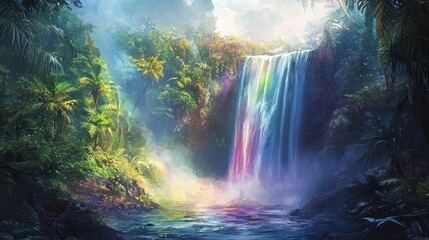 Obraz premium Tropical Waterfall Surrounded by Lush Green Jungle