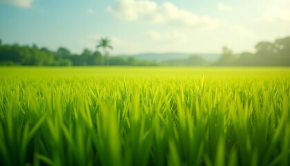 Vibrant field of lush green grass under a clear sky