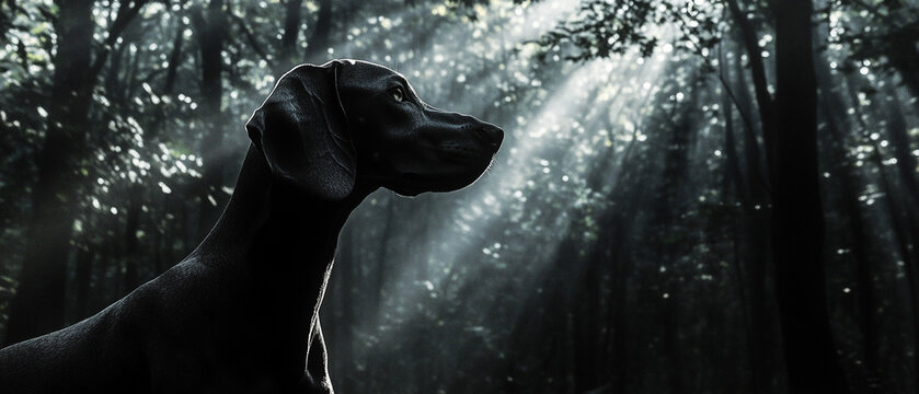 Weimaraner Dog in Moody Chiaroscuro Woods