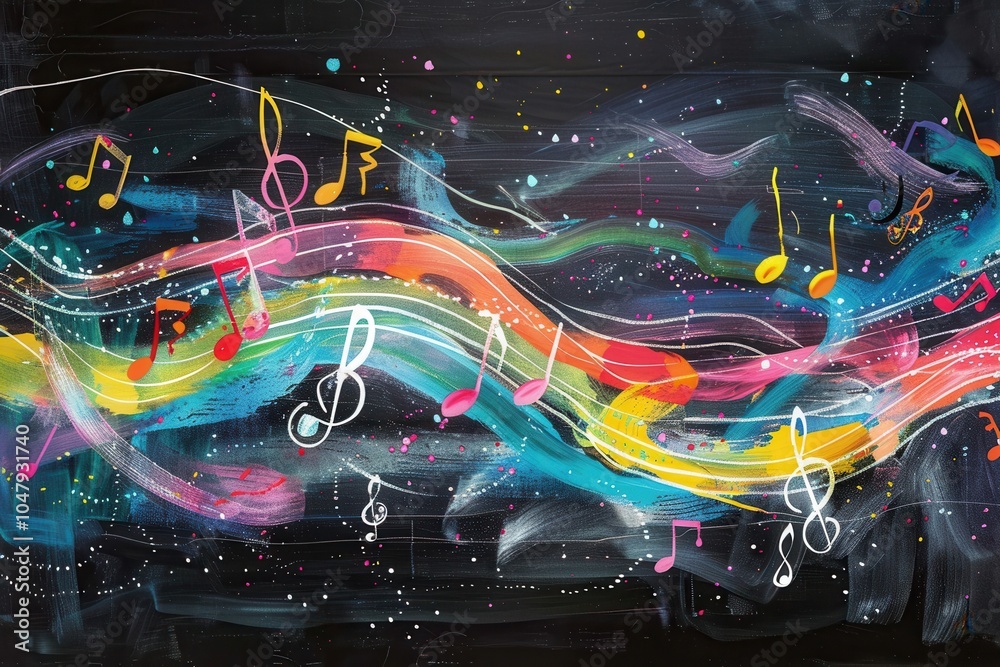 Poster A chalkboard displays vibrant brushstrokes and musical notes, creating an imaginative and colorful artistic expression for viewers. Generative AI