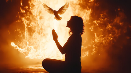A silhouette of a praying woman with a dove above her.