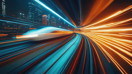 Fototapeta premium The trajectory of light as the train travels at high speed in the tunnel
