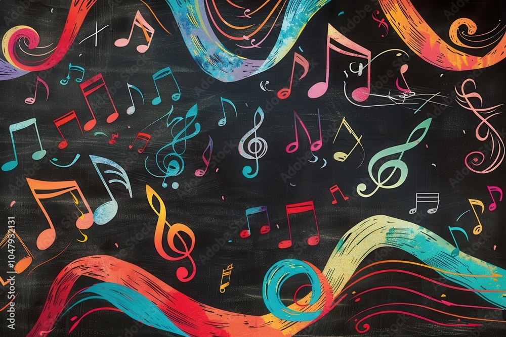 Poster vibrant brushstrokes blend with musical notes on a chalkboard, showcasing artistic expression during