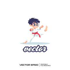 Obraz premium Dynamic Cartoon Karate Kid in Action with Red Belt and Glasses Vector Illustration