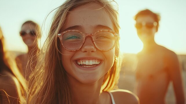 A joyful girl with glasses smiles brightly against a sunny beach backdrop, surrounded by friends, capturing a moment of carefree happiness and summer vibes.