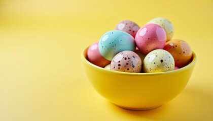 Fototapeta premium Colorful Easter eggs in a yellow bowl