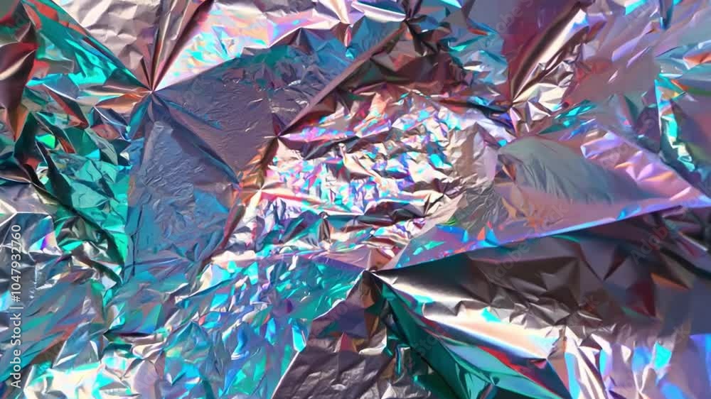 Poster The surface features an array of vibrant colors as light reflects off crinkled holographic foil, creating an eye-catching, textured backdrop suitable for creative projects.