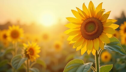 Obraz premium Sunflower field at sunrise symbolizing hope and happiness