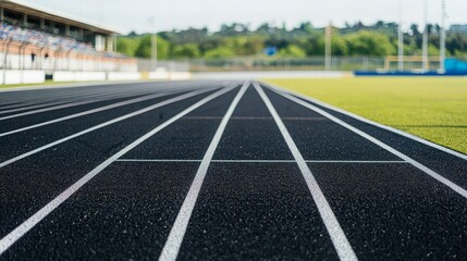 A wide shot of a running track with white lines and green grass on either side.