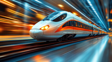 Fototapeta premium In the evening, a high-speed train travels between high-rise buildings in the city