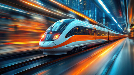 Fototapeta premium In the evening, a high-speed train travels between high-rise buildings in the city