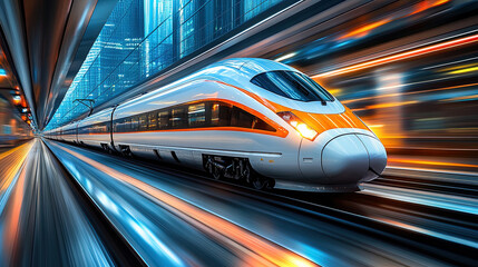 Fototapeta premium In the evening, a high-speed train travels between high-rise buildings in the city