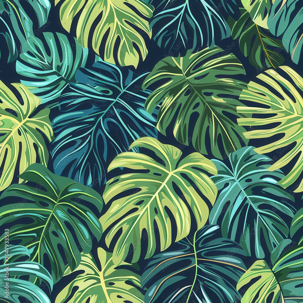 Fototapete A pattern showcasing an array of large, vibrant green tropical leaves set against a dark backdrop, creating a lush botanical feel. Generative AI