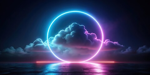Obraz premium A glowing neon halo encircles a majestic cloud formation, casting an ethereal light on the dark landscape below