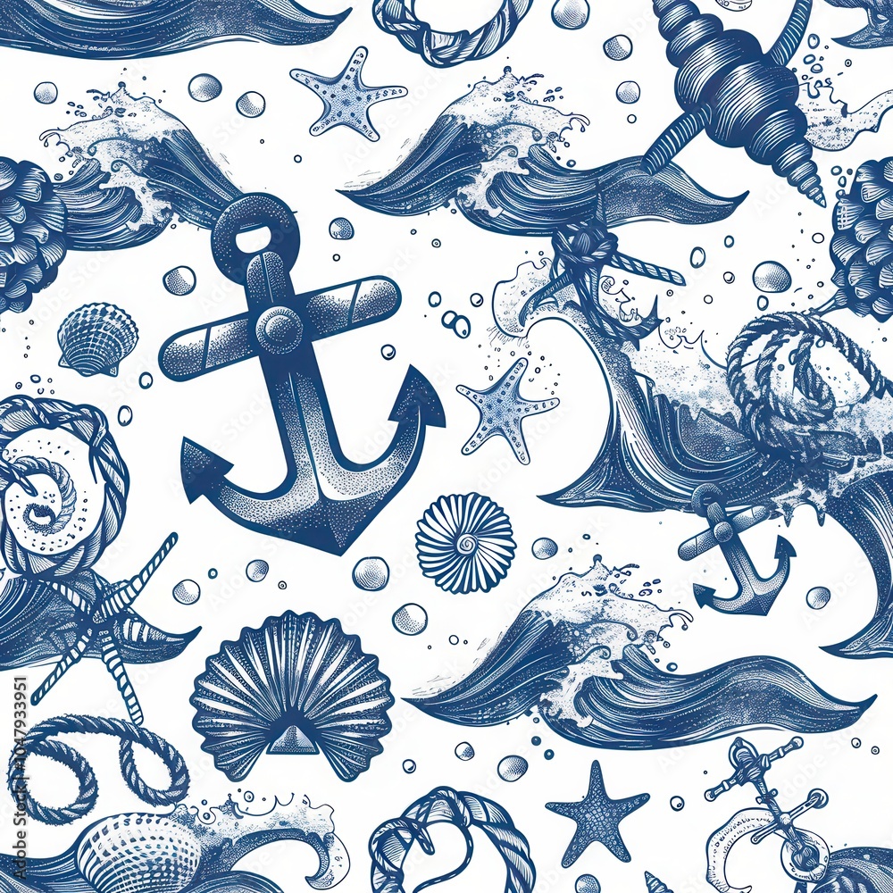 Poster a vibrant design showcases seashells, waves, and anchors, creating a nautical theme perfect for ocea