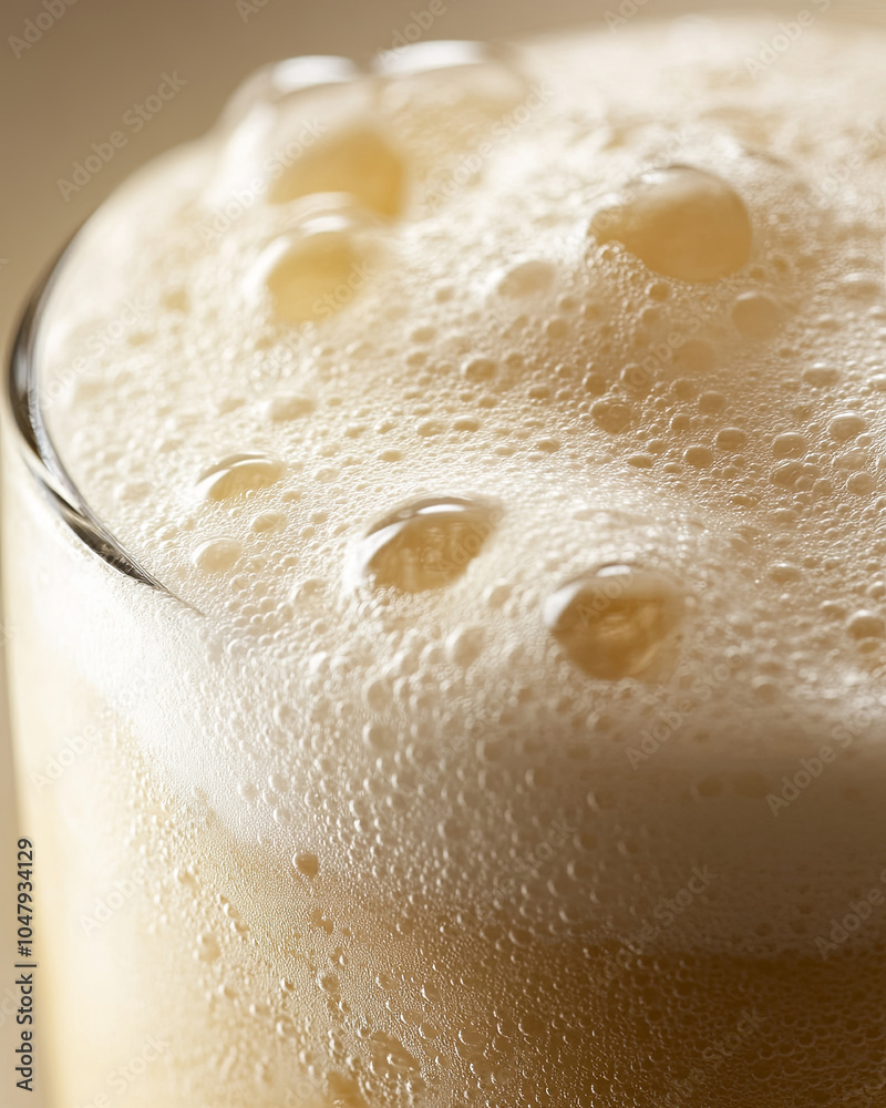 Wall mural close up view of glass filled with creamy soda, showcasing frothy foam and bubbles on top, creating 