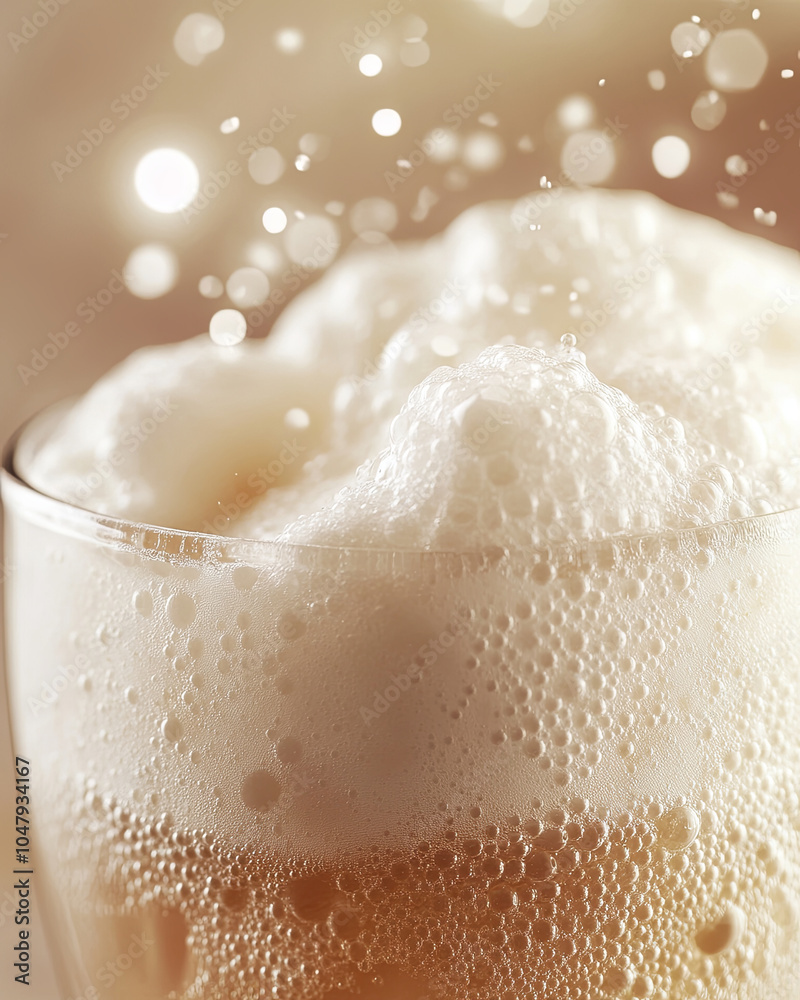 Wall mural close up of glass filled with creamy soda, showcasing frothy foam and bubbles rising to surface, cre