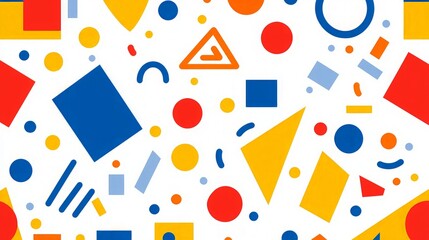 Abstract geometric pattern with red, blue, yellow, and orange shapes on a white background.