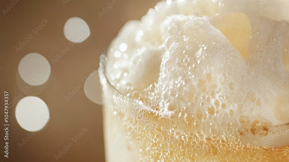 Wall mural sparkling cream soda with foam creates refreshing and bubbly experience. close up captures effervesc