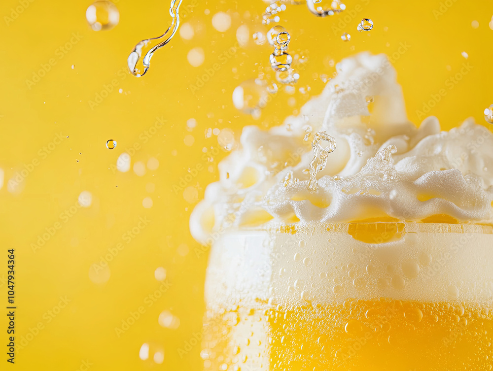 Wall mural refreshing cream soda with foam splashing against bright yellow background, capturing essence of sum