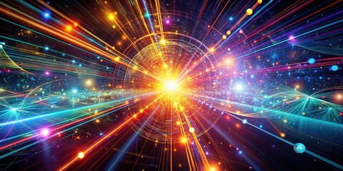 Naklejka premium A vibrant abstract universe composed of glowing lines and swirling orbs, radiating energy and light.