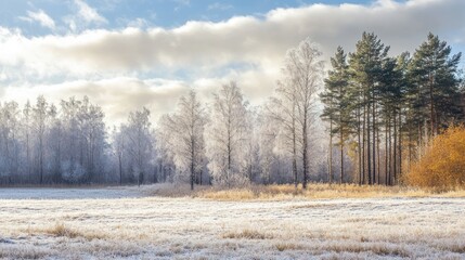 Winter Wonderland: Frosted Trees and Sunlit Field
