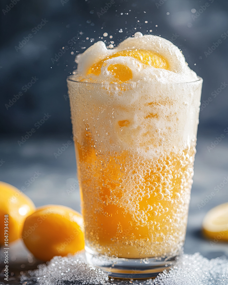 Wall mural refreshing cream soda with bright foam bubbles and lemon slices, creating vibrant and inviting drink