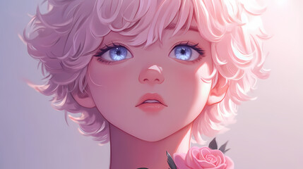 Naklejka premium Cute Shy Chibi Boy with Rose: Kawaii Valentine's Art