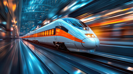 Fototapeta premium In the evening, a high-speed train travels between high-rise buildings in the city