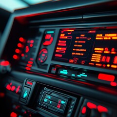 Futuristic control panel with glowing interfaces and digital displays.