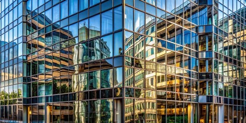 A modern skyscraper's glass facade reflects the surrounding cityscape, creating a mesmerizing interplay of light and shadow.