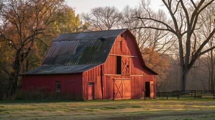 Obraz premium Red Barn in a Field with Trees in the Background