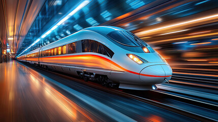 Fototapeta premium In the evening, a high-speed train travels between high-rise buildings in the city