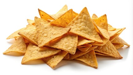 Symmetrical tortilla chips pile on white background