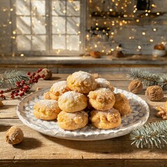 Cuccidati cookies with fig and nut filling, dusted with sugar, set in a cozy, festive kitchen.