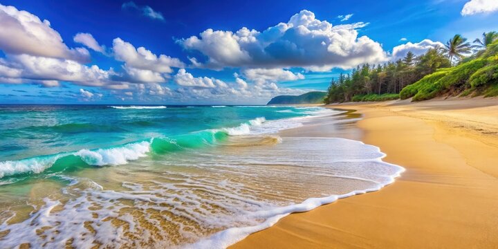 A vibrant, tropical beach scene with white foamy waves gently rolling onto the sandy shore, under a bright blue sky dotted with fluffy clouds