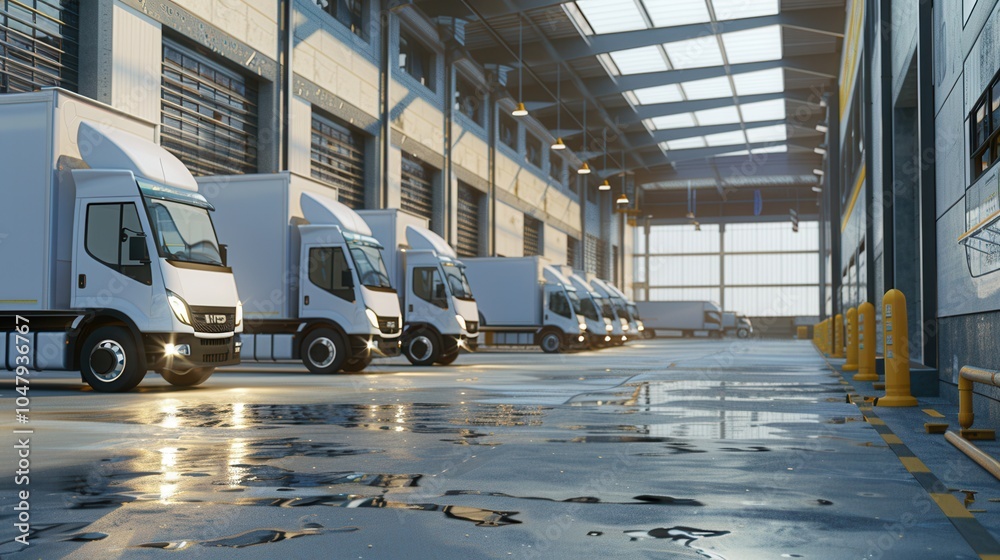 Aufkleber several trucks and vans are parked inside a warehouse, prepared for loading in the bright daylight, 