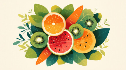 Illustrations of oranges, watermelons, kiwis, and various fruits