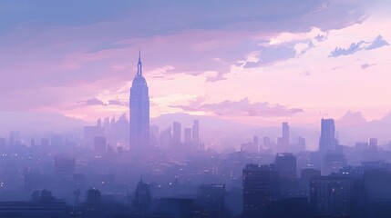 A hazy cityscape at sunset with a tall skyscraper in the center.