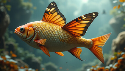 Fototapeta premium Surreal animal hybrid background, fish with butterfly wings, bizarre and imaginative
