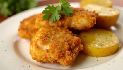 Fototapeta premium Deliciously golden fried chicken bites with a side of seasoned potato wedges
