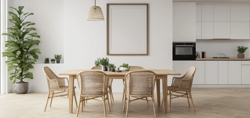 Inviting Modern Dining Room with Light Wood Table and Rattan Chairs in Bright, Tranquil Setting